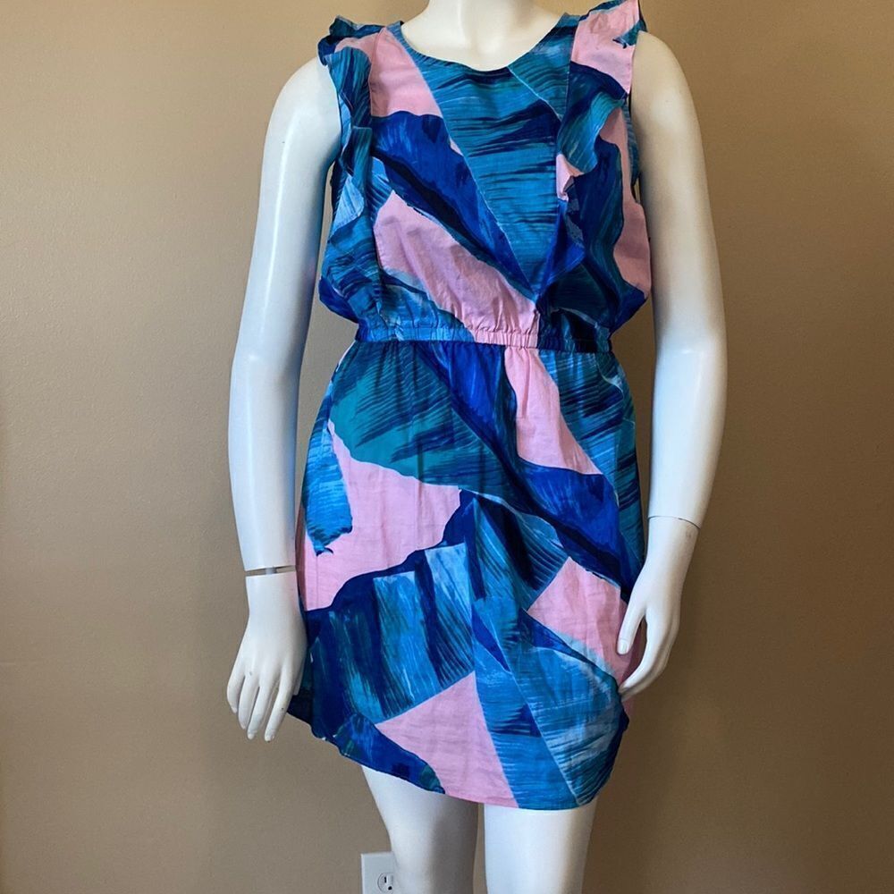 NWOT City Streets Large Women's Sheath  Dress Pink Blue Leaves Ruffle Scoop Neck